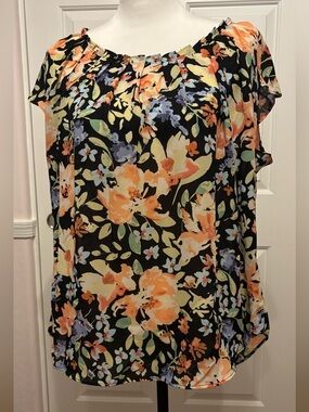 LC Lauren Conrad Pleat Neck Blouse XL Black Multicolor Floral Printed Tie Back